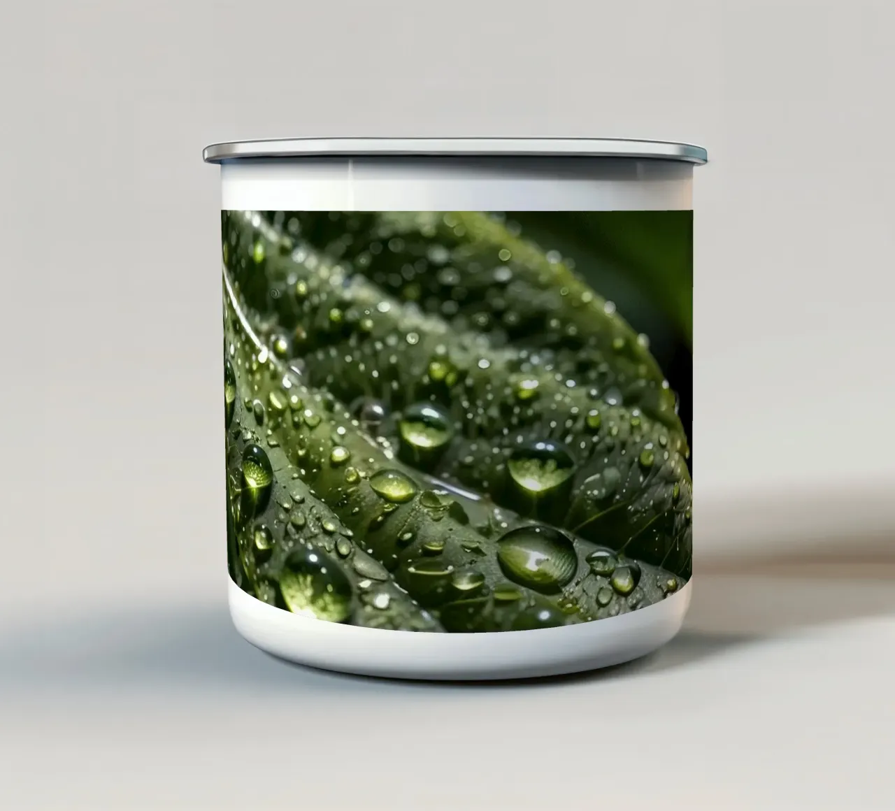 Vista ravvicinata di foglie verdi e vivaci ricoperte di rugiada. tazza in smalto da DesignDoodle