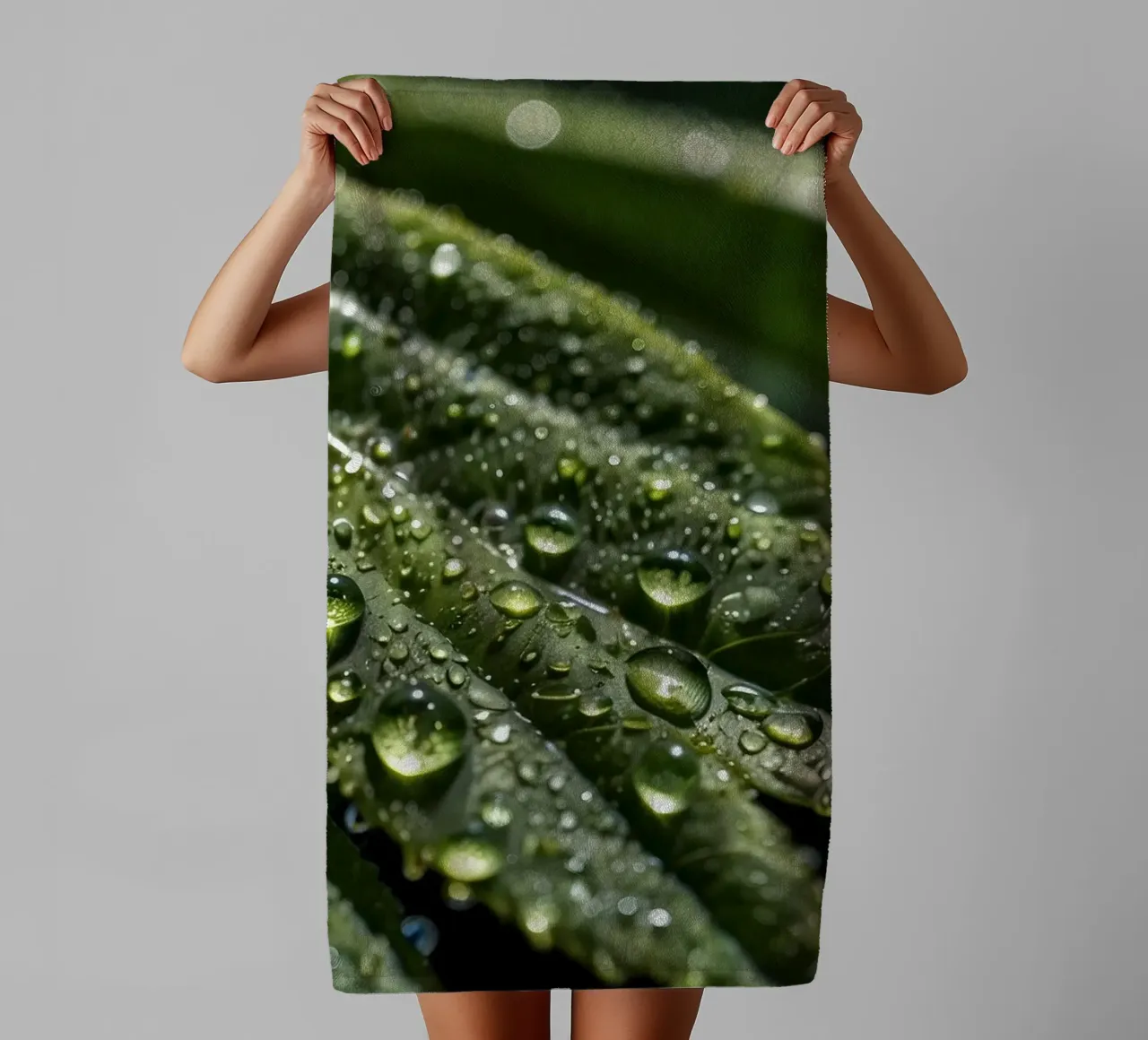 Close-up view of vibrant green leaves covered with dew dropl towel by DesignDoodle