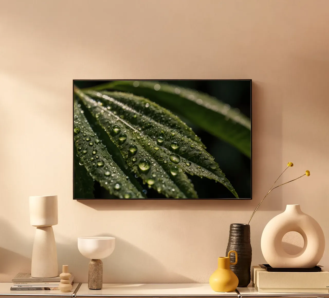Close-up view of vibrant green leaves covered with dew dropl alu-dibond by DesignDoodle