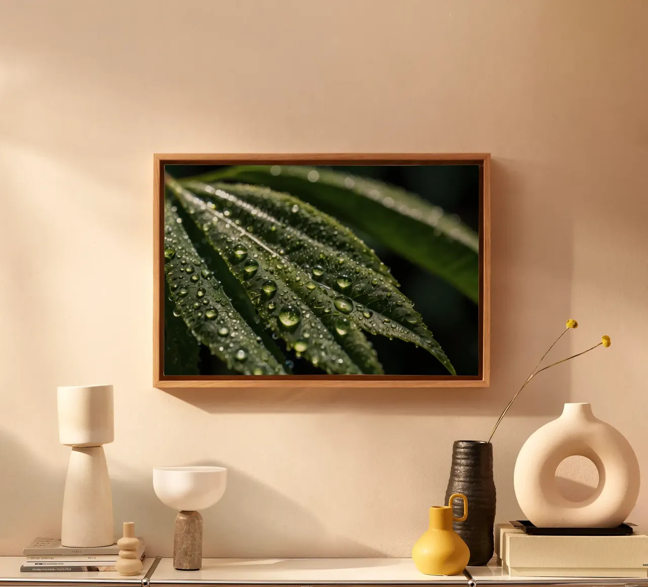 Close-up view of vibrant green leaves covered with dew dropl canvas with Floater frame by DesignDoodle