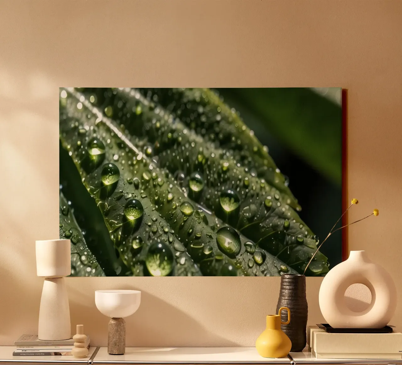 Close-up view of vibrant green leaves covered with dew dropl canvas with Floater frame by DesignDoodle
