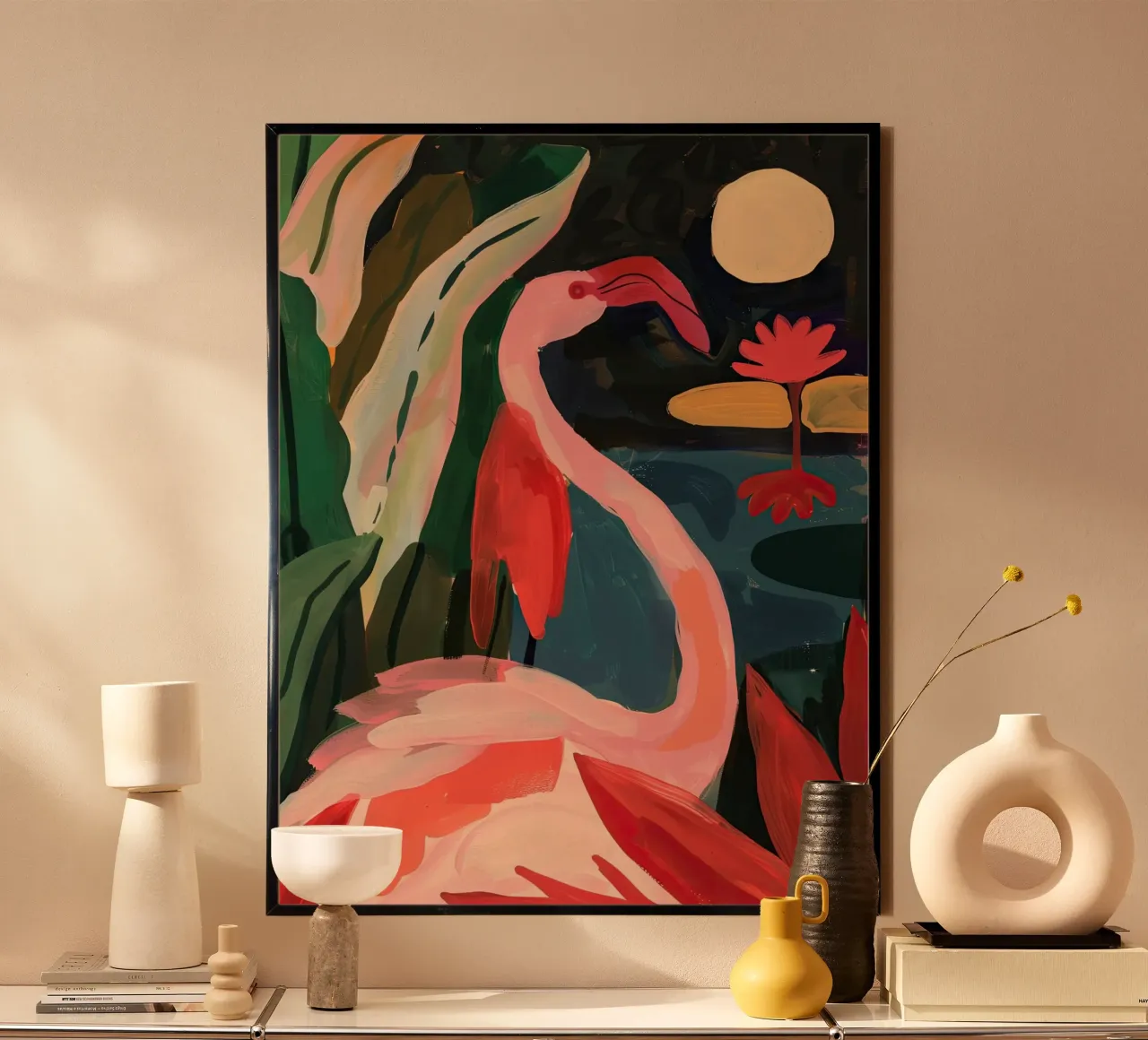 Flamingo a la luz de la luna poster con marco de madera de DaarbyN