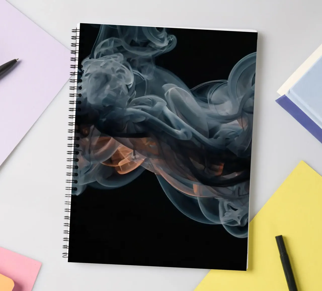 Dynamic swirl of colorful smoke against a dark background spiral notebook by DesignDoodle