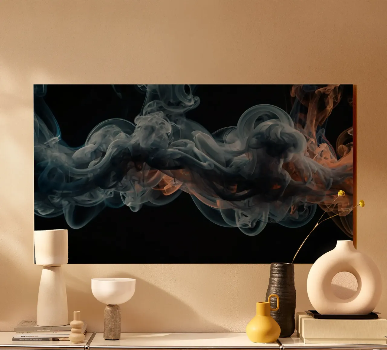 Vortice dinamico di fumo colorato su uno sfondo scuro plexiglass da DesignDoodle