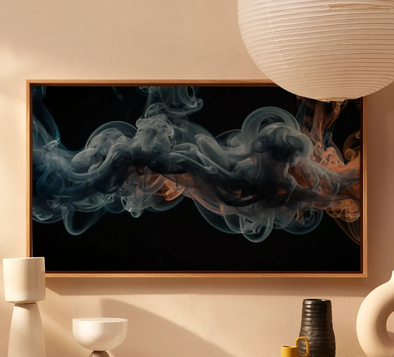 Dynamic swirl of colorful smoke against a dark background canvas by DesignDoodle
