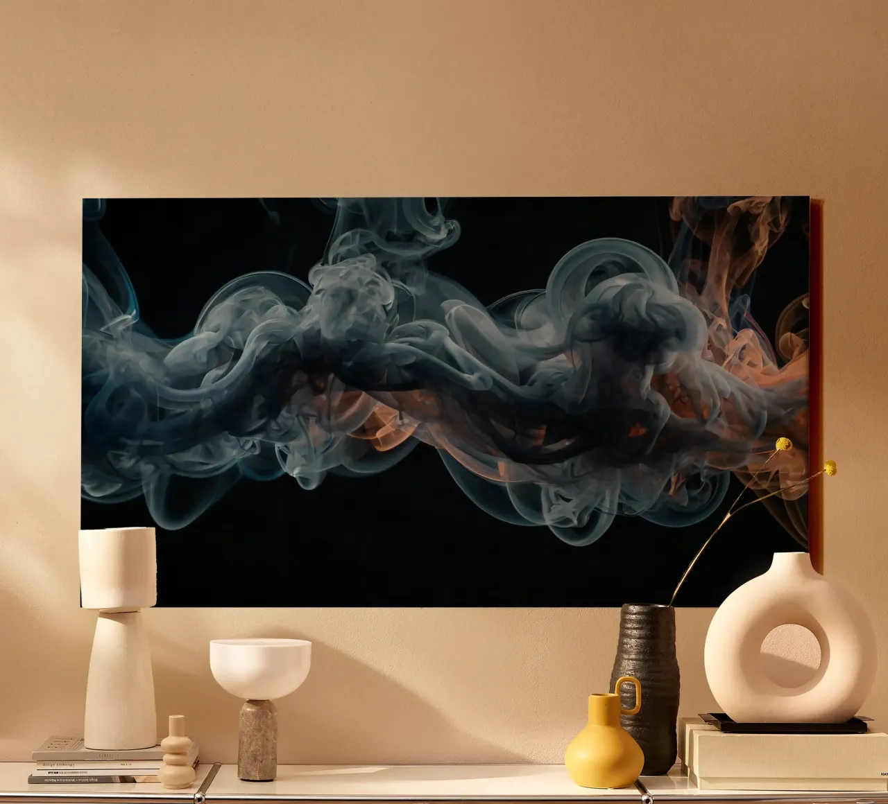 Dynamic swirl of colorful smoke against a dark background canvas by DesignDoodle