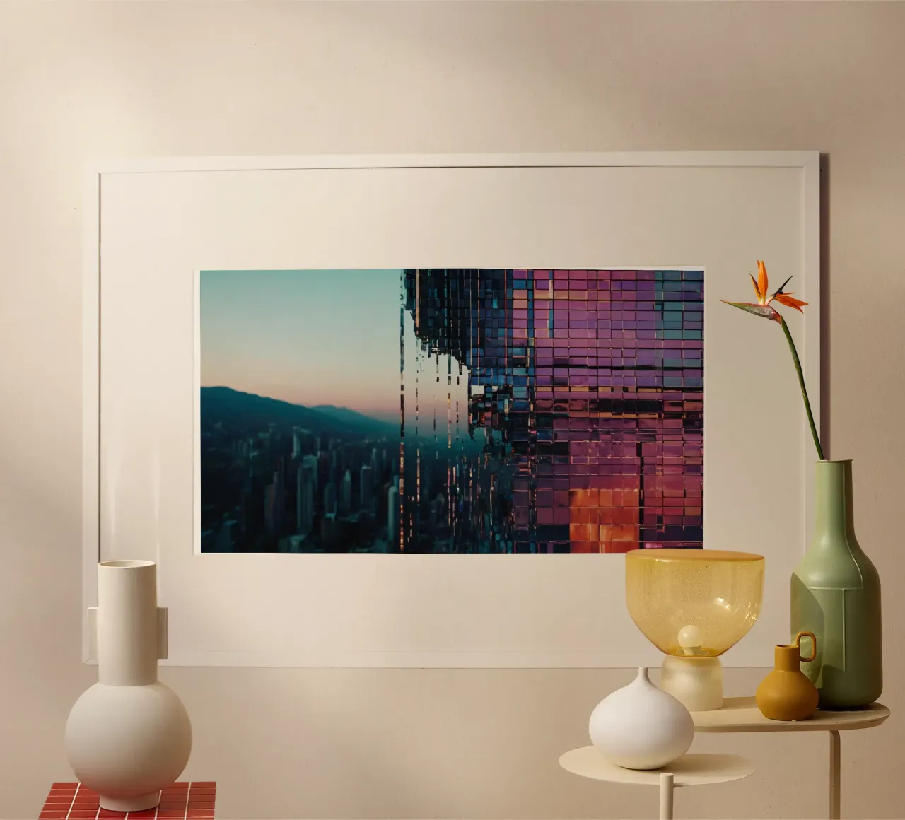 An artistic structure reflecting the cityscape at sunset poster by DesignDoodle