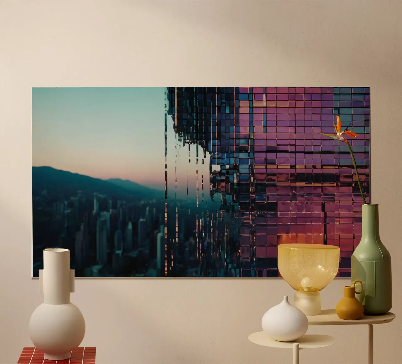 An artistic structure reflecting the cityscape at sunset poster by DesignDoodle