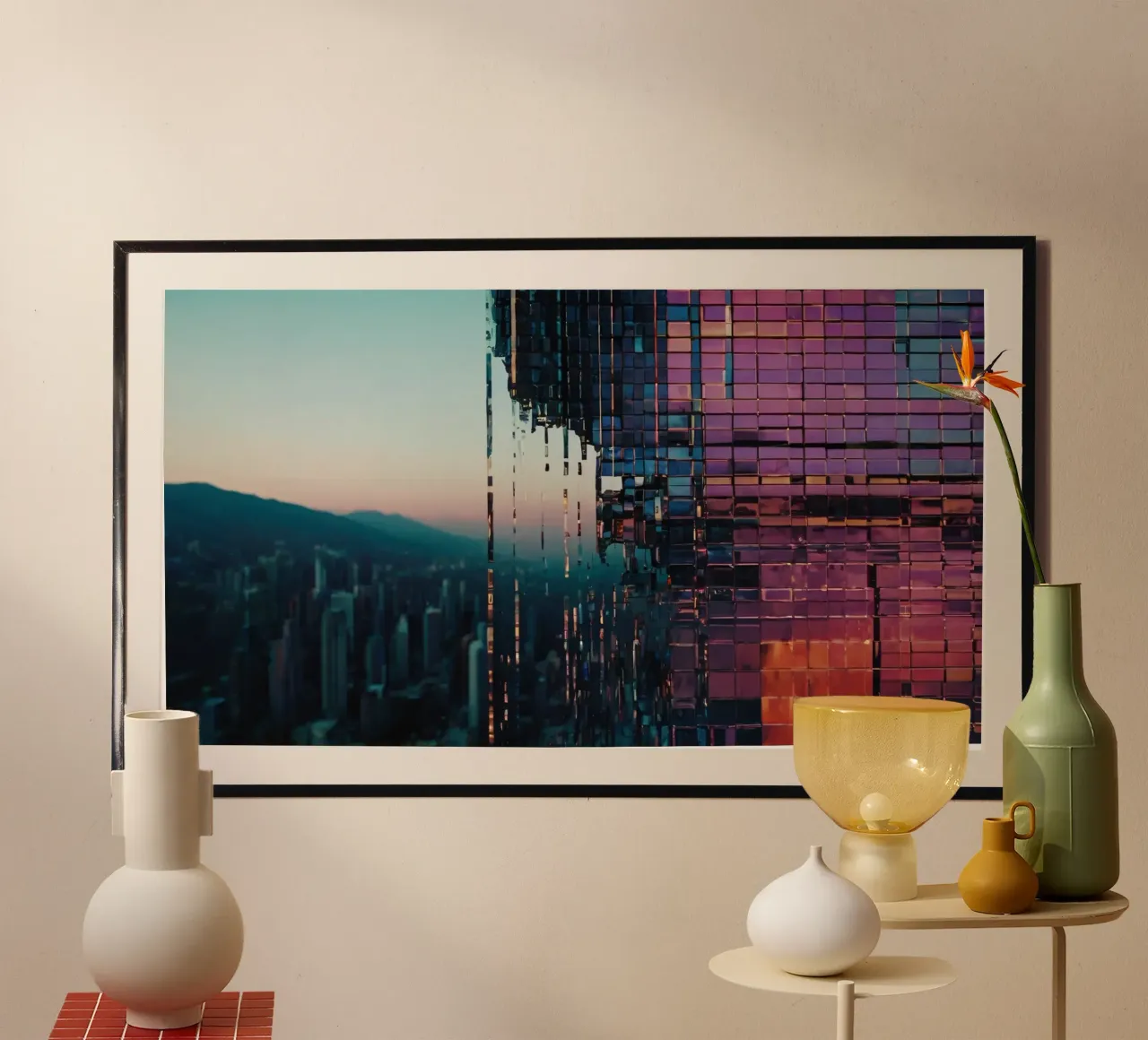 An artistic structure reflecting the cityscape at sunset poster by DesignDoodle