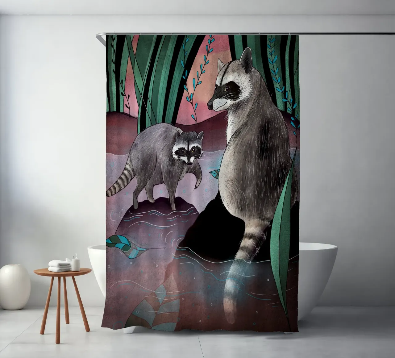 Raccoons by the river shower curtain by AnimalArt
