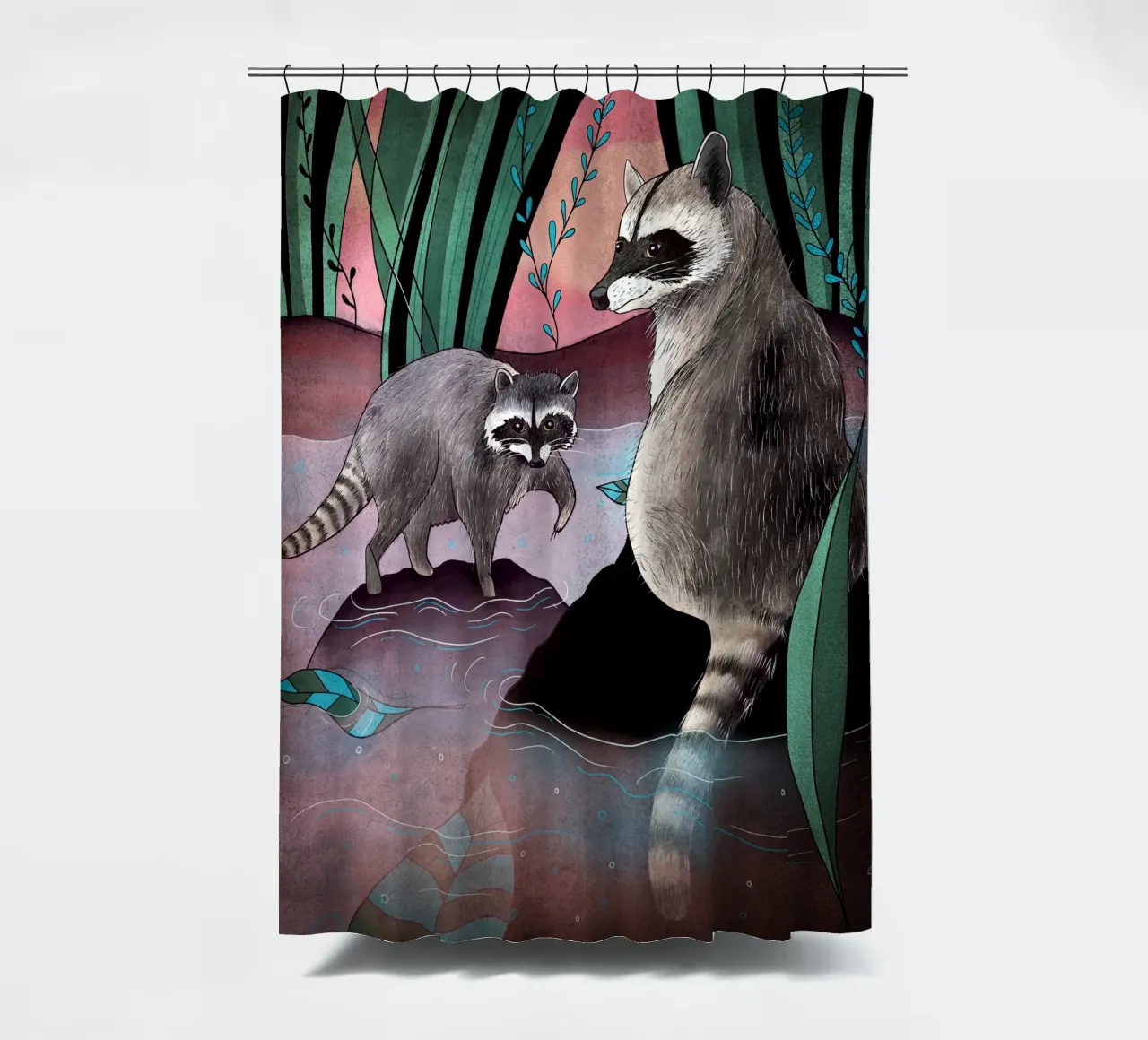 Raccoons by the river shower curtain by AnimalArt