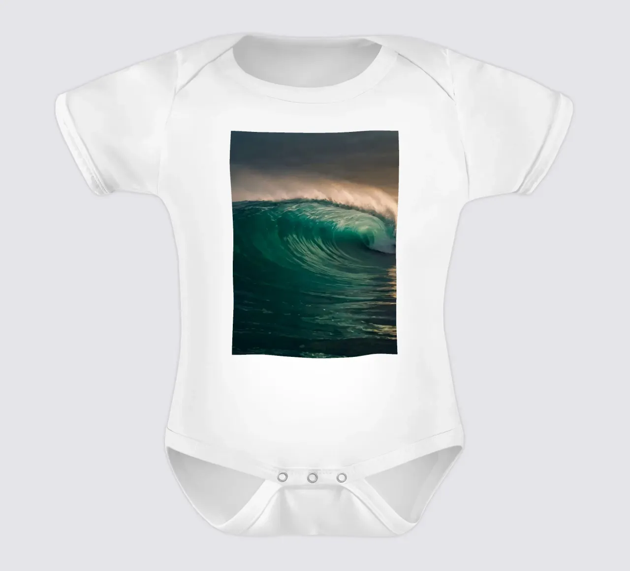 Maestosa onda oceanica che si infrange sulla riva al tramonto body neonato maniche corte da DesignDoodle