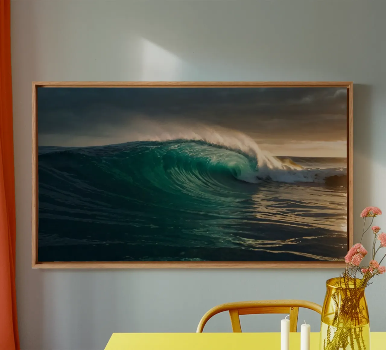 Majestic ocean wave crashing against the shore at sunset canvas with Floater frame by DesignDoodle