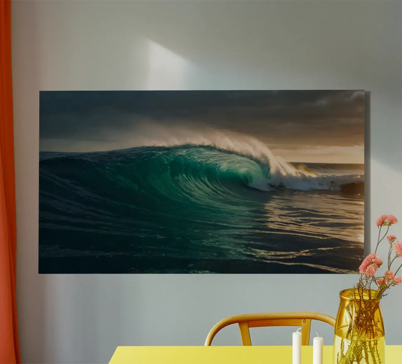 Majestic ocean wave crashing against the shore at sunset canvas with Floater frame by DesignDoodle