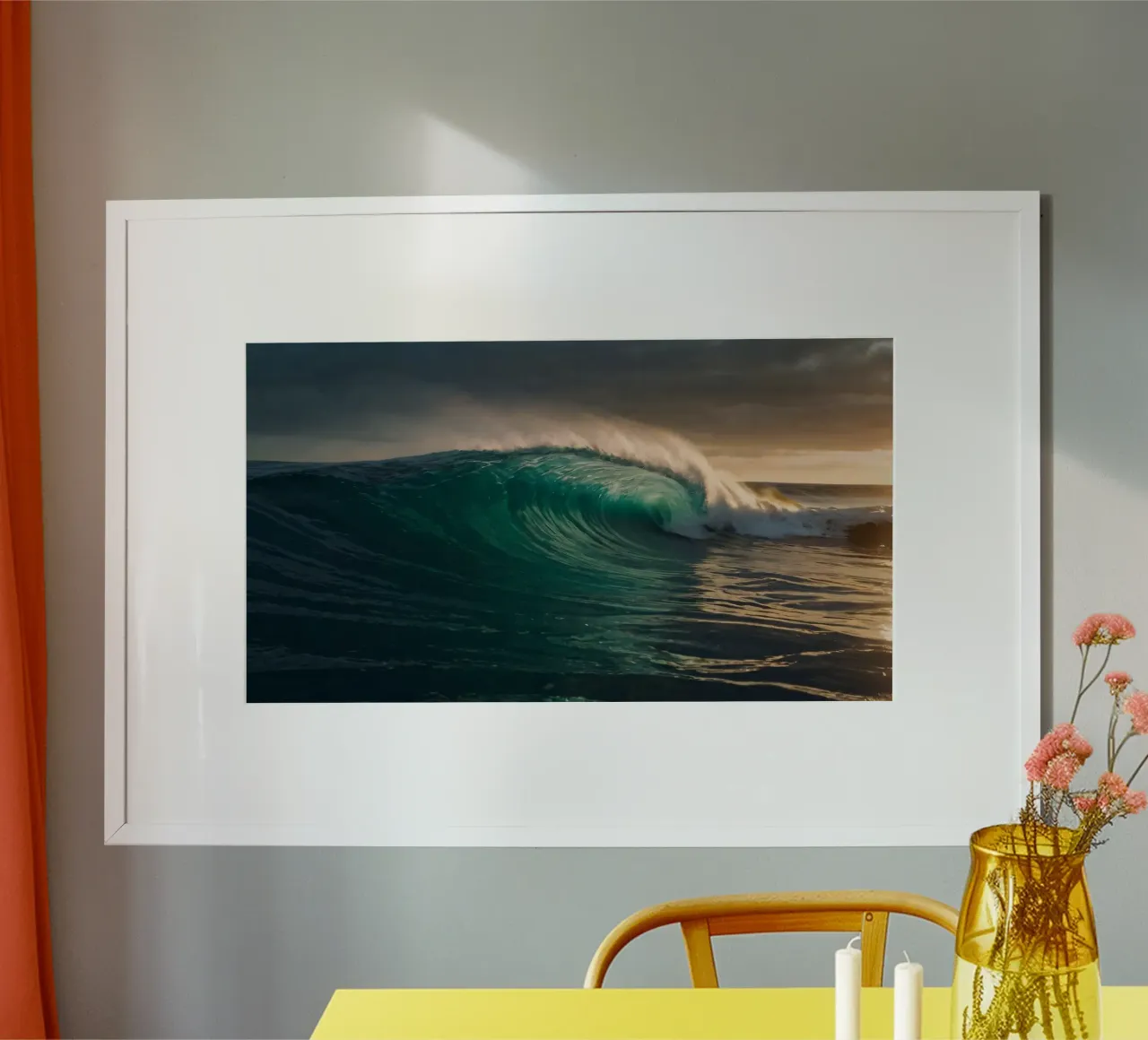 Maestosa onda oceanica che si infrange sulla riva al tramonto carta hahnemühle da DesignDoodle