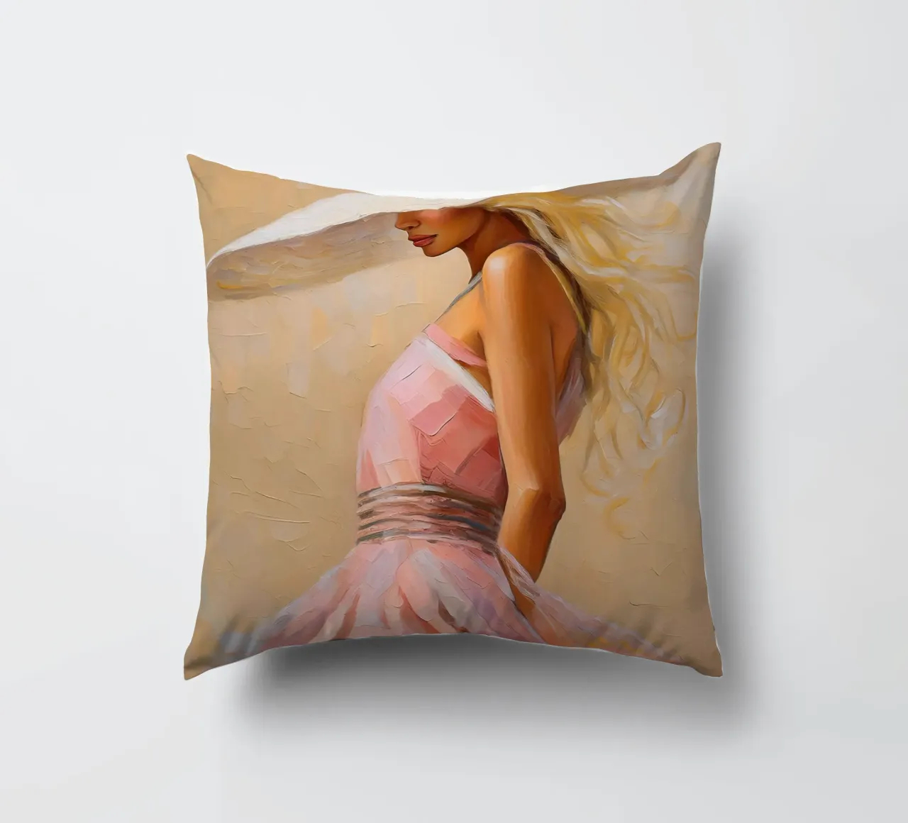 Donna in abito rosa con cappello bianco cuscino da Take Your Art BV