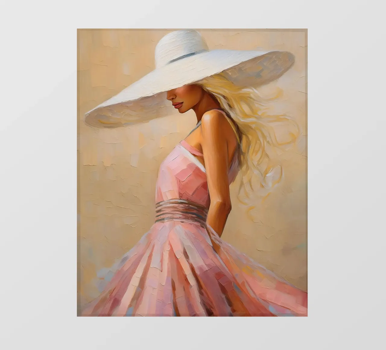 Donna in abito rosa con cappello bianco pellicola backlit da Take Your Art BV