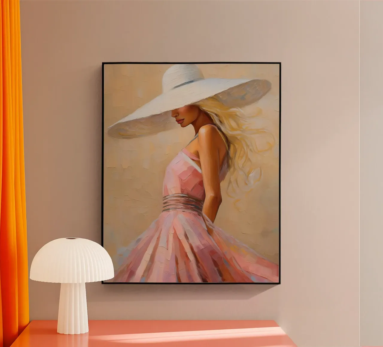 Donna in abito rosa con cappello bianco plexiglass da Take Your Art BV