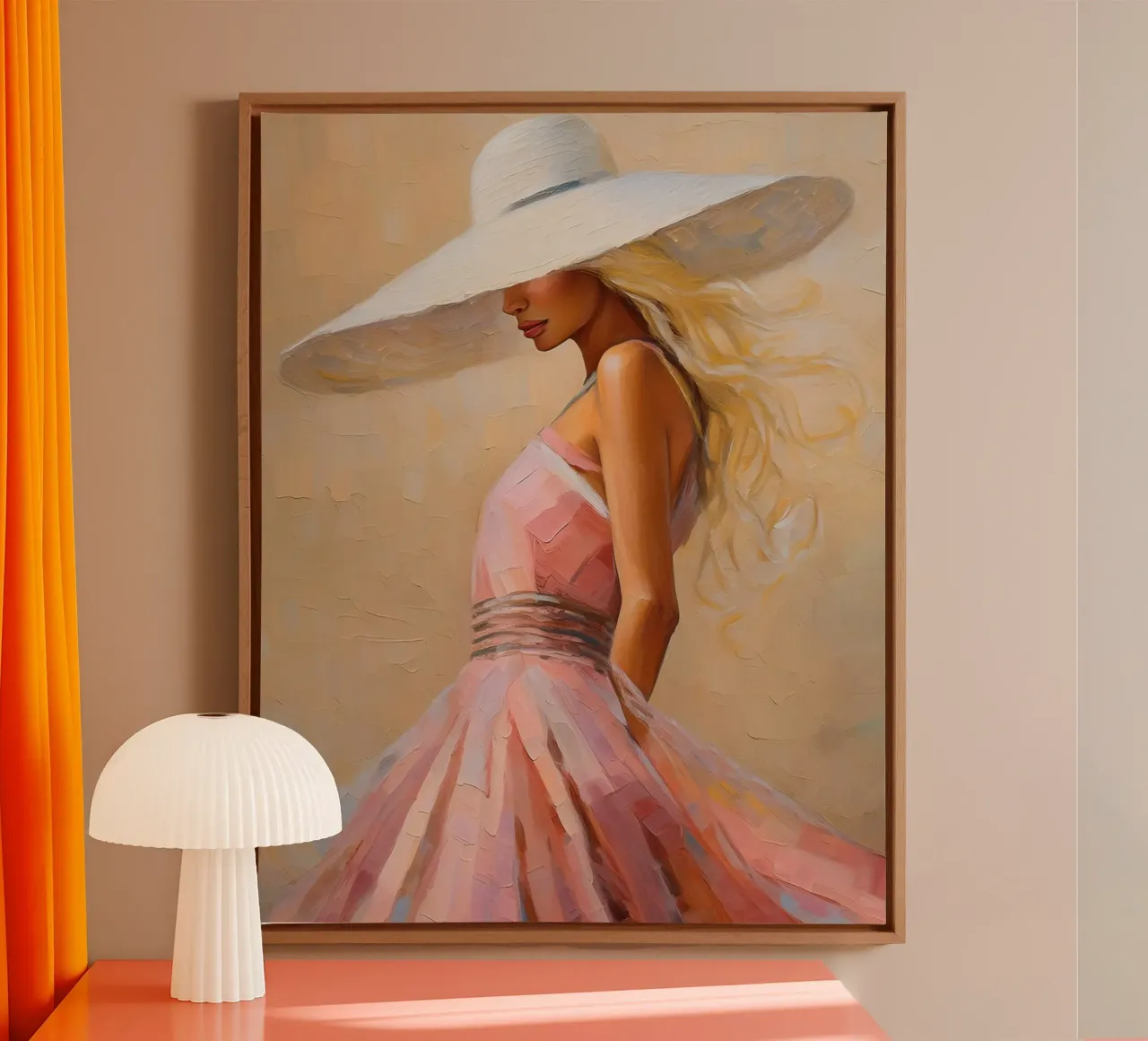 Donna in abito rosa con cappello bianco tela con Cornice a cassetta da Take Your Art BV