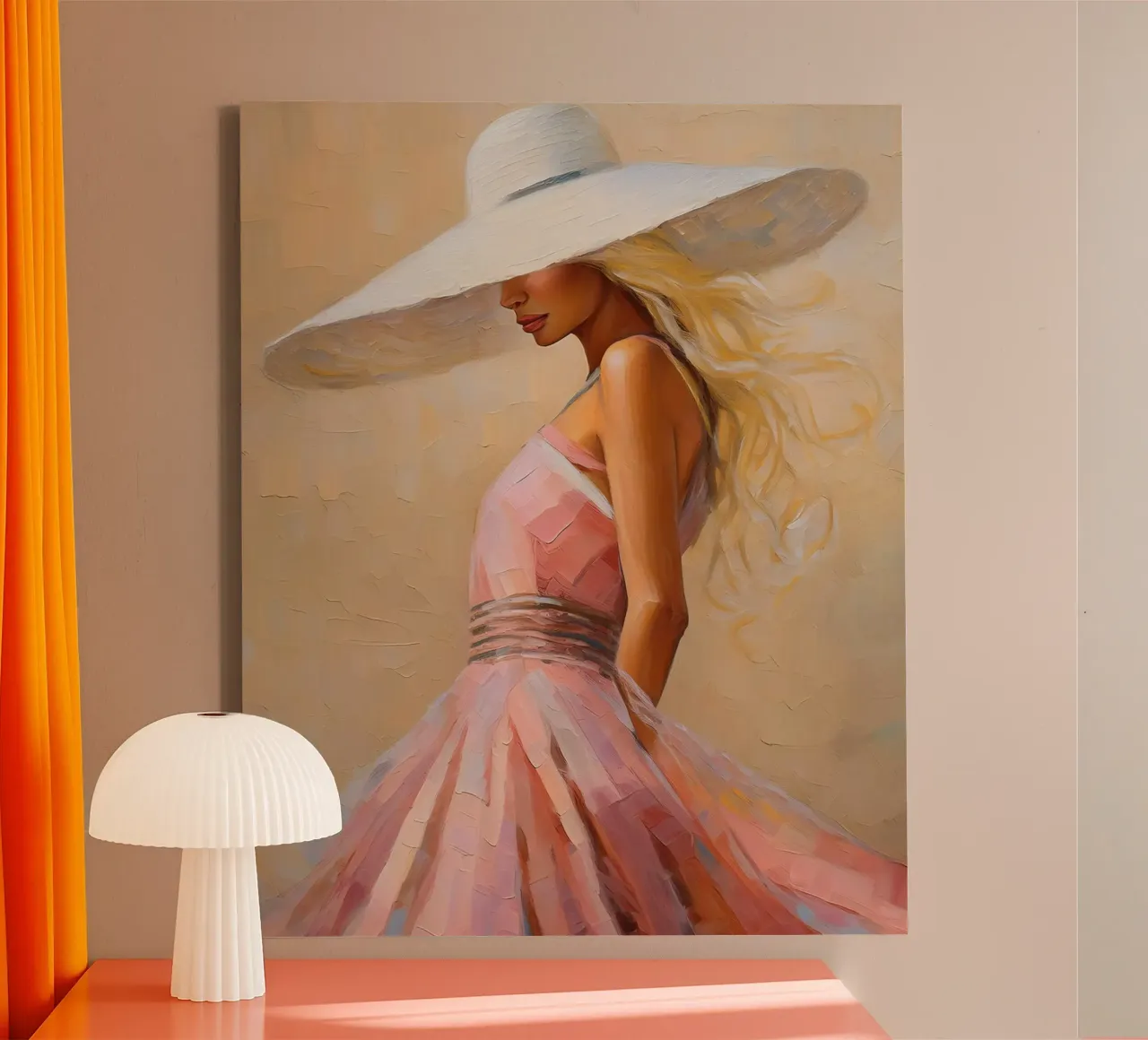 Donna in abito rosa con cappello bianco tela con Cornice a cassetta da Take Your Art BV