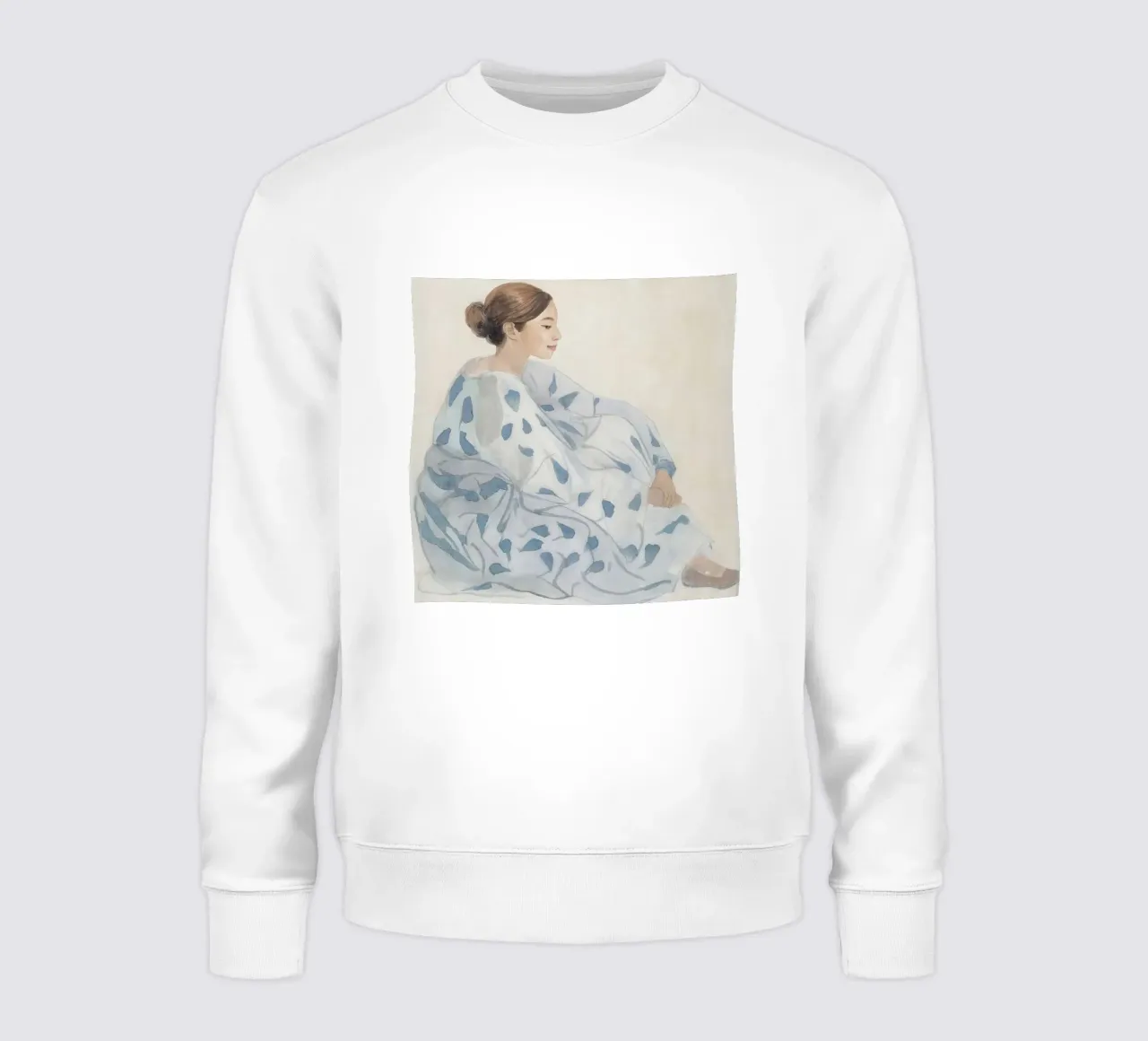 Donna seduta in abito blu felpa da Take Your Art BV