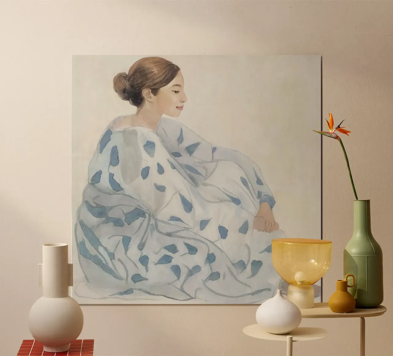 Frau in blauem Kleid sitzend Hahnemühle von Take Your Art BV