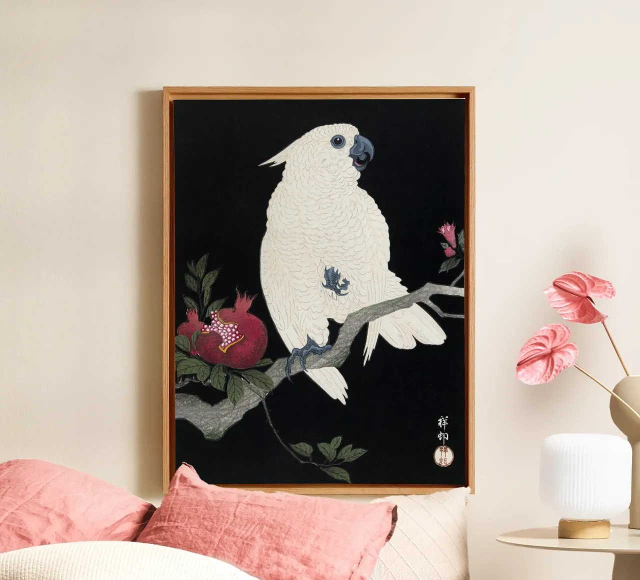 Ohara Koson - Cockatoo and Pomegranate canvas with Floater frame by apoloprints