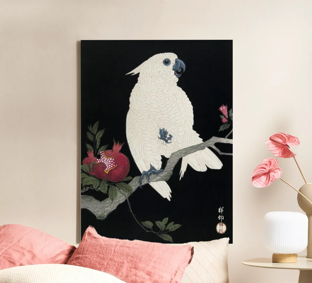 Ohara Koson - Cockatoo and Pomegranate canvas with Floater frame by apoloprints