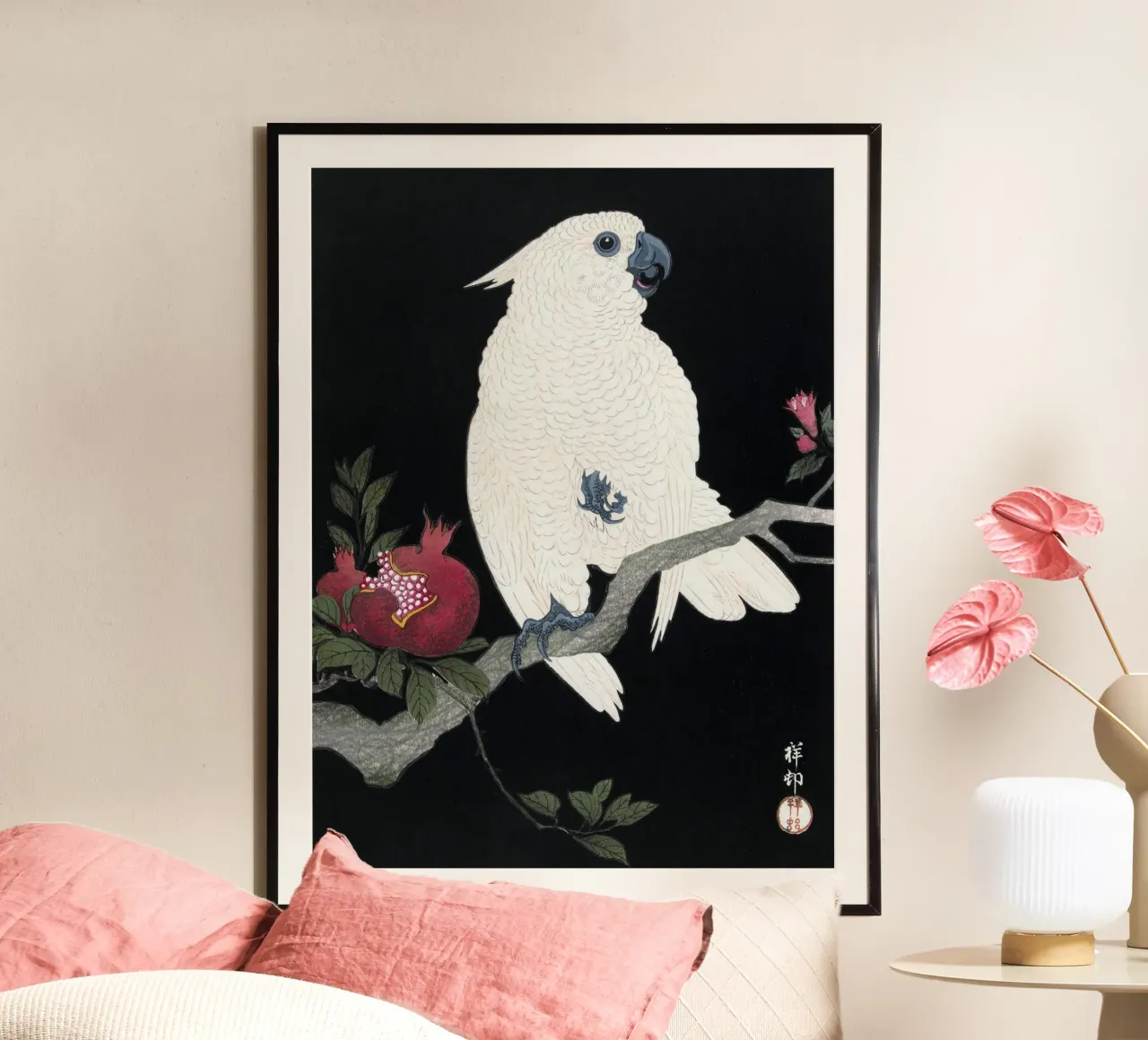 Ohara Koson - Cockatoo and Pomegranate poster con telaio in plastica da apoloprints