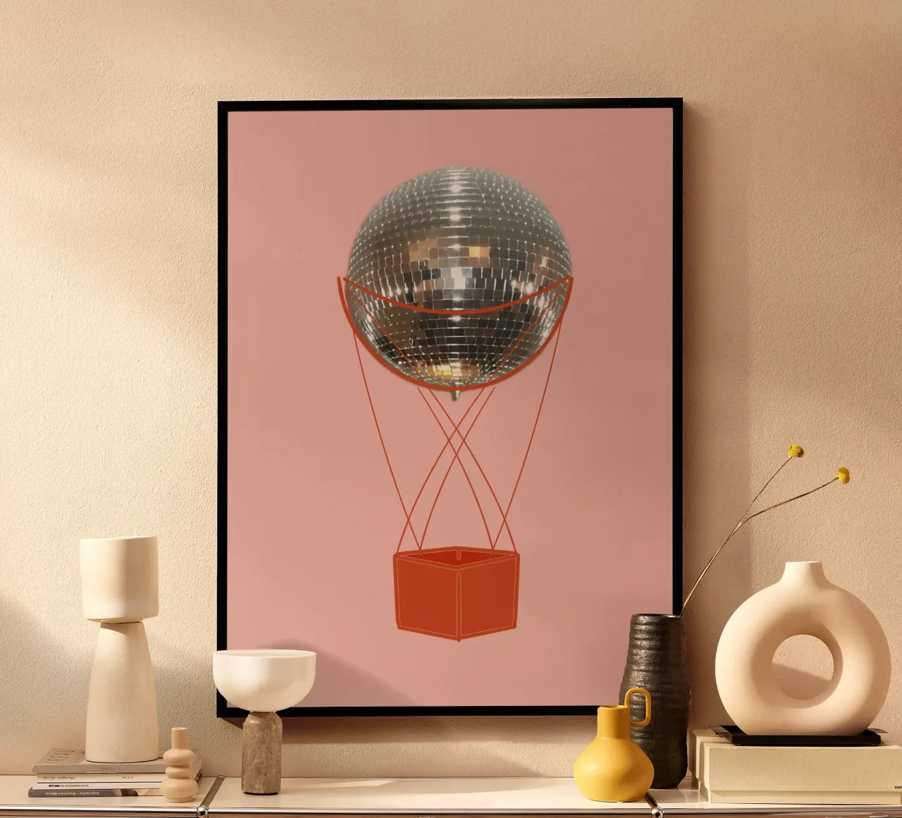 Orange Pink Disco Hot Air Ballon - Abstract Art poster with plastic frame by B Art