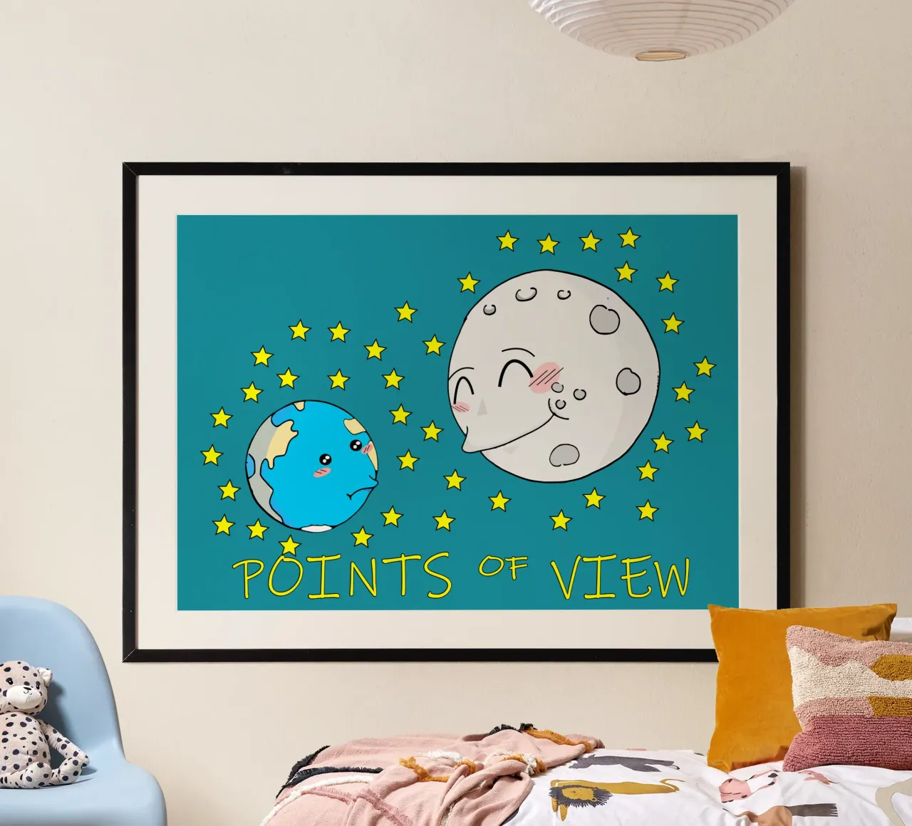 Points de vue Cute Kawaii Moon poster avec cadre en bois de sillyindustries