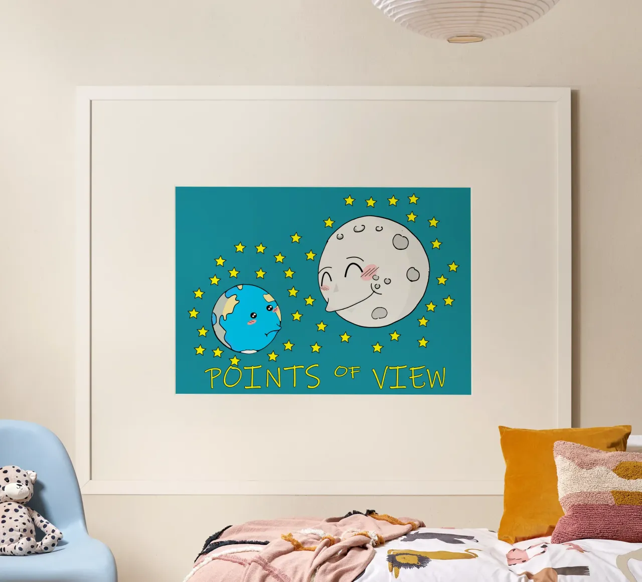 Points de vue Cute Kawaii Moon poster avec cadre en bois de sillyindustries