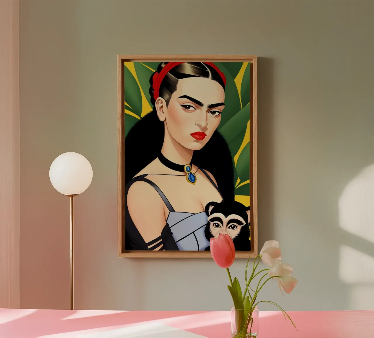 Frida Kahlo e la scimmia tela con Cornice a cassetta da ART DECO