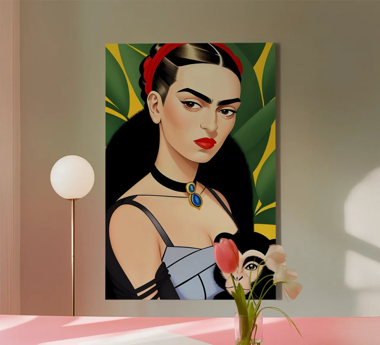 Frida Kahlo e la scimmia tela con Cornice a cassetta da ART DECO