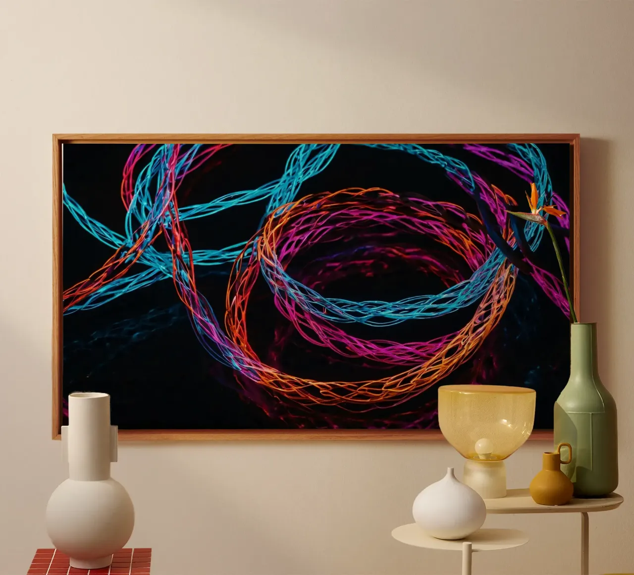 Bunte LED-Dekolichter in der Dunkelheit verwoben Leinwand mit Schattenfugenrahmen von DesignDoodle