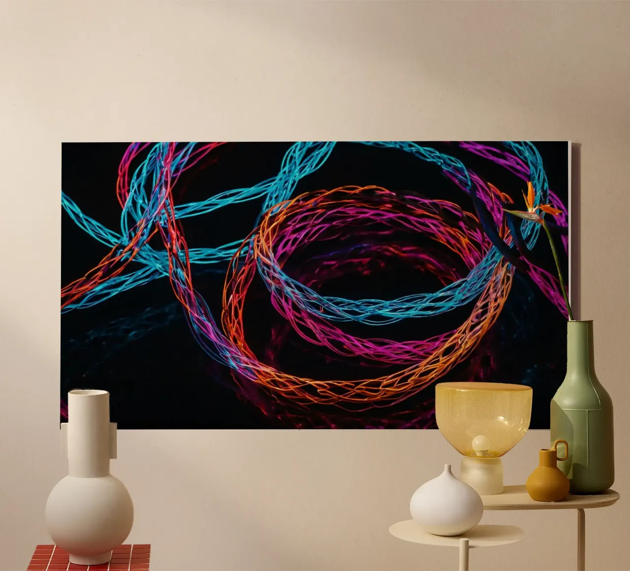 Bunte LED-Dekolichter in der Dunkelheit verwoben Leinwand mit Schattenfugenrahmen von DesignDoodle
