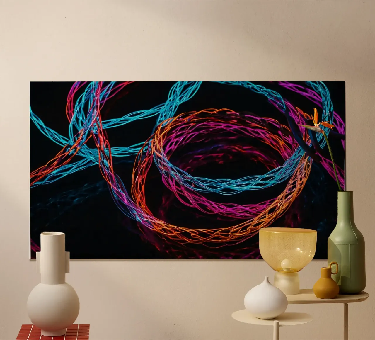 Luci decorative a LED colorate che si intrecciano nell'oscurità poster da DesignDoodle
