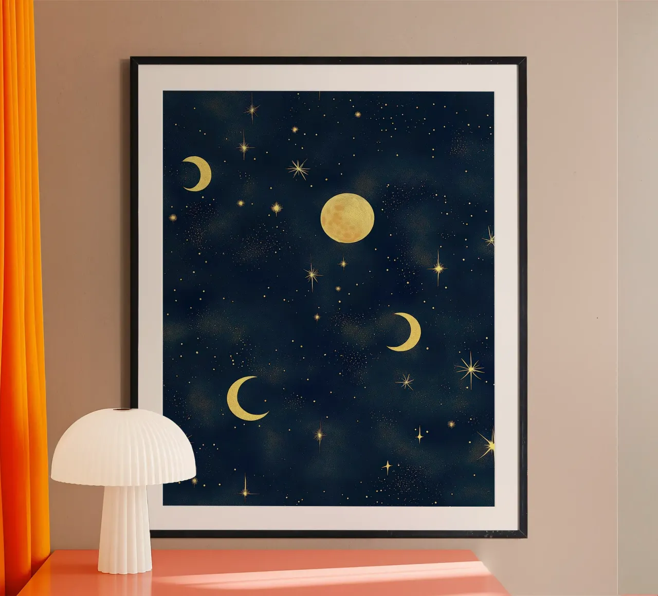 Pleine lune d'or Étoile Nouvelle lune Univers Cosmique Céleste Art poster avec cadre en plastique de Gentle Echoes Art