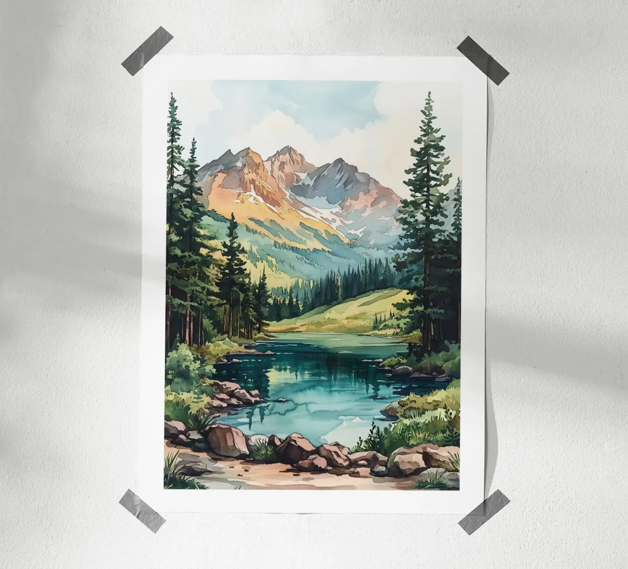 Sereno lago di montagna poster con telaio in legno da Shores & Skies