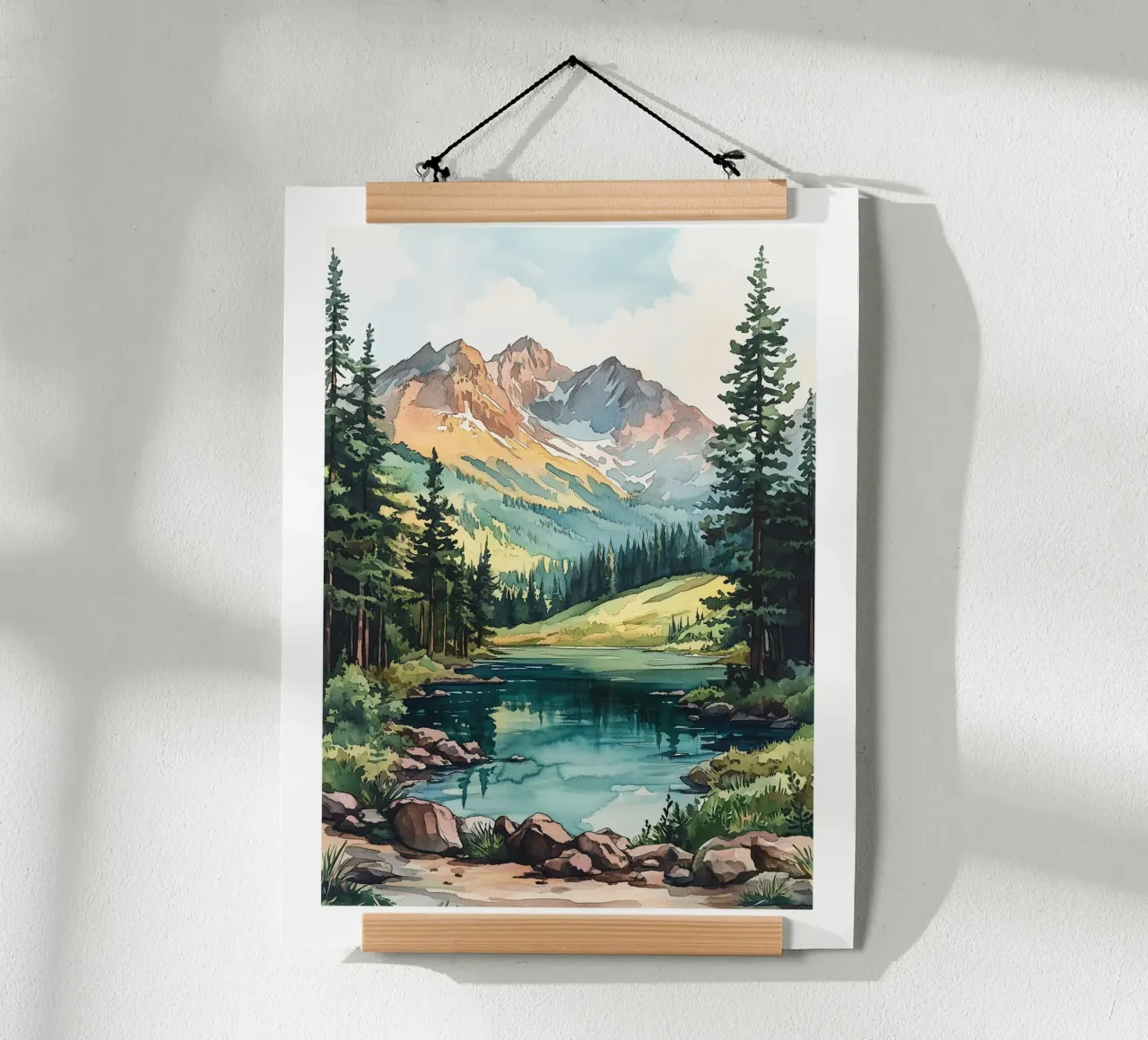 Sereno lago di montagna poster con telaio in legno da Shores & Skies