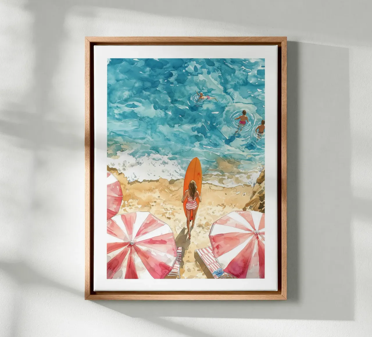 Surfer on her way to the ocean canvas by Shores & Skies