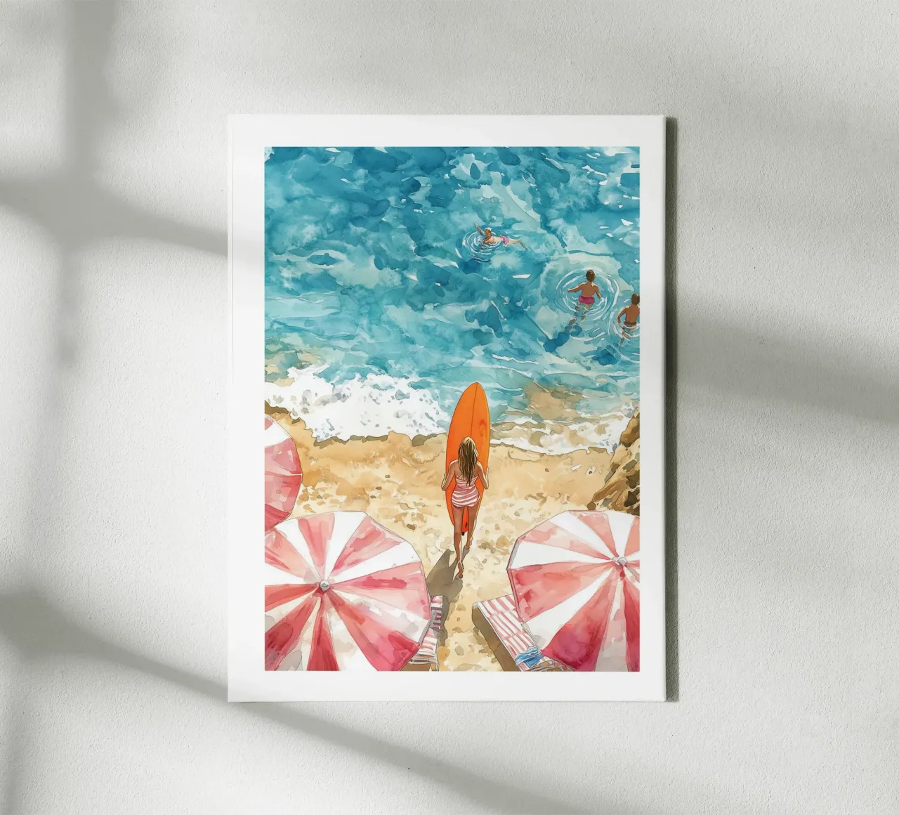 Surfer on her way to the ocean canvas by Shores & Skies