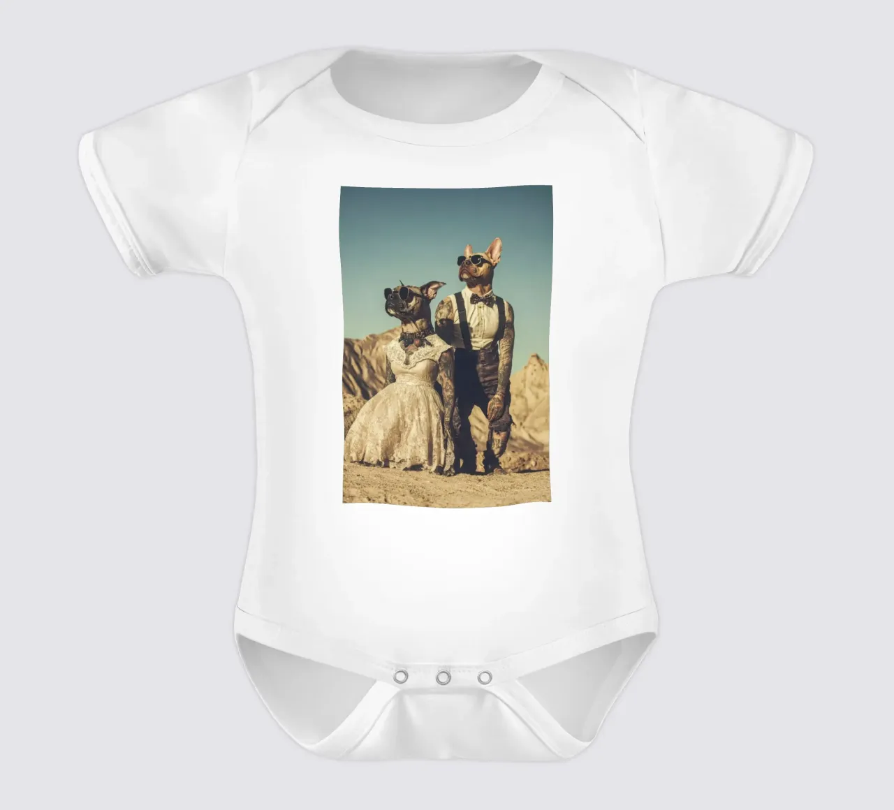 Buck & Bonnie, Las Vegas short-sleeve baby romper by Affiches Chien Originales – Dogland