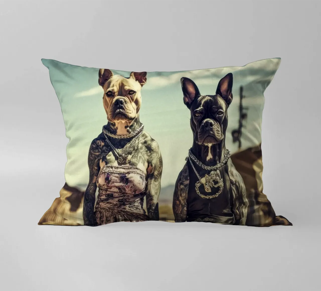 Bonnie & Clara, Las Vegas decorative cushion by Affiches Chien Originales – Dogland