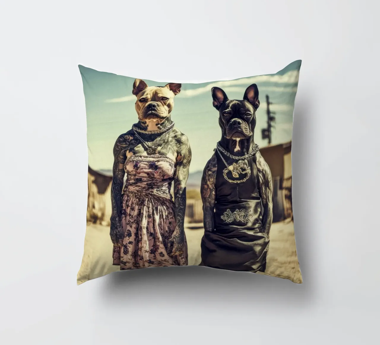Bonnie & Clara, Las Vegas decorative cushion by Affiches Chien Originales – Dogland