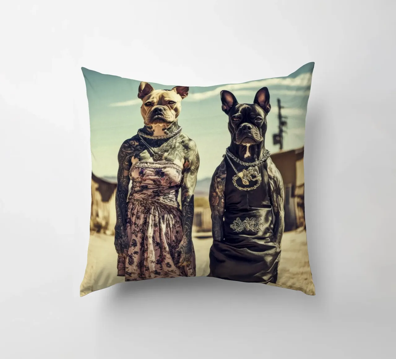 Bonnie & Clara, Las Vegas decorative cushion by Affiches Chien Originales – Dogland