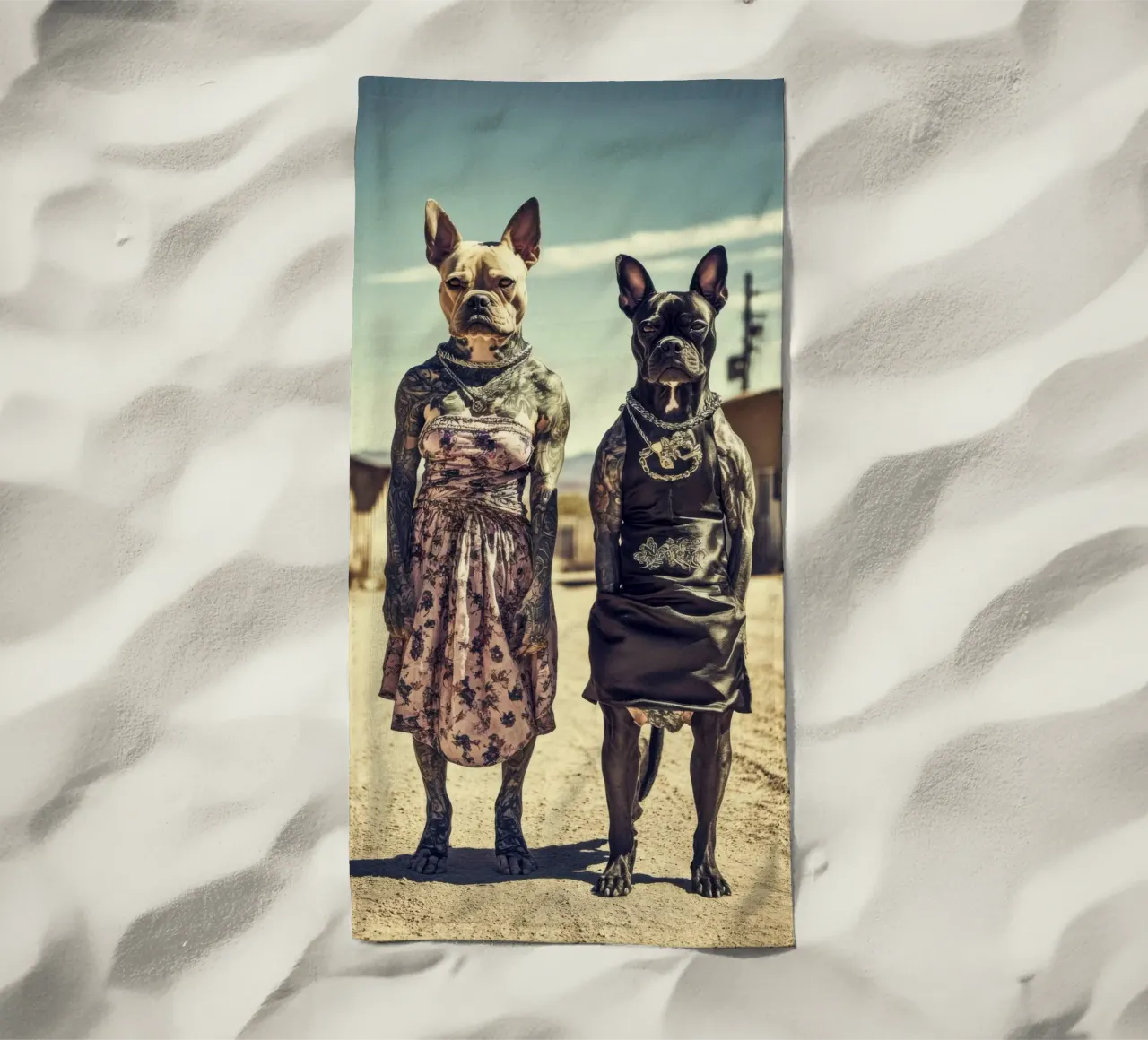 Bonnie & Clara, Las Vegas strandhanddoek van Affiches Chien Originales – Dogland