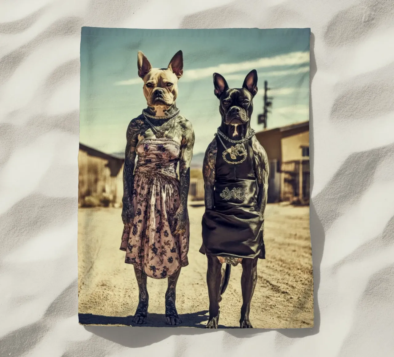 Bonnie & Clara, Las Vegas strandhanddoek van Affiches Chien Originales – Dogland