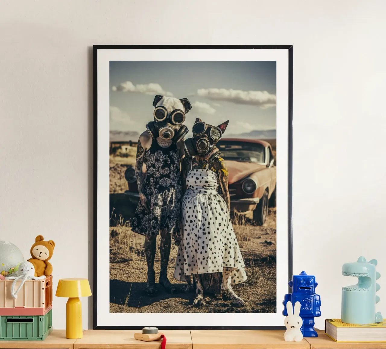 Bonnie & Clyde, Bombay Beach, Californie poster con telaio in legno da Affiches Chien Originales – Dogland