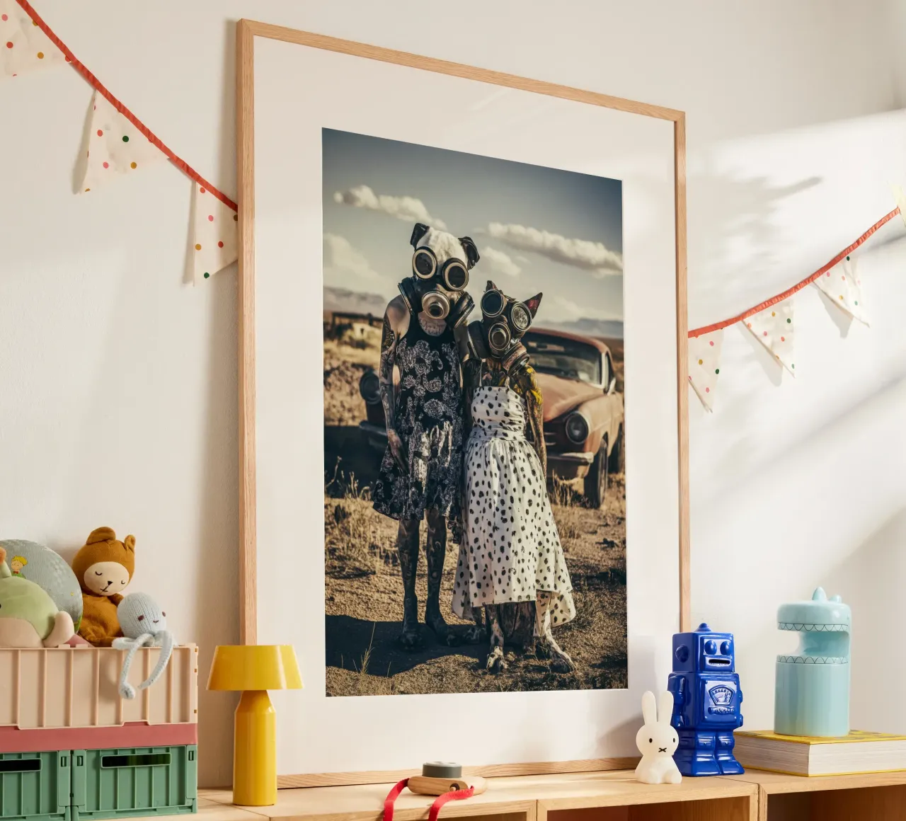 Bonnie & Clyde, Bombay Beach, Californie poster con telaio in legno da Affiches Chien Originales – Dogland